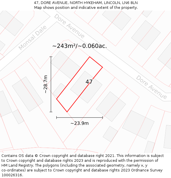 47, DORE AVENUE, NORTH HYKEHAM, LINCOLN, LN6 8LN: Plot and title map