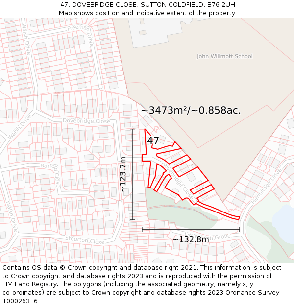 47, DOVEBRIDGE CLOSE, SUTTON COLDFIELD, B76 2UH: Plot and title map