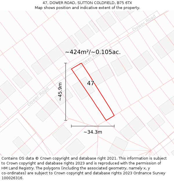 47, DOWER ROAD, SUTTON COLDFIELD, B75 6TX: Plot and title map