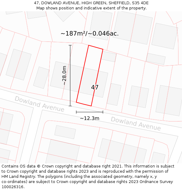 47, DOWLAND AVENUE, HIGH GREEN, SHEFFIELD, S35 4DE: Plot and title map