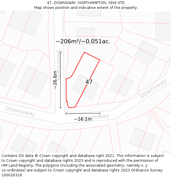 47, DOWNSWAY, NORTHAMPTON, NN4 0TD: Plot and title map