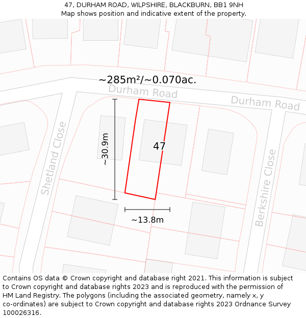 47, DURHAM ROAD, WILPSHIRE, BLACKBURN, BB1 9NH: Plot and title map