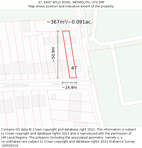 47, EAST WYLD ROAD, WEYMOUTH, DT4 0RP: Plot and title map