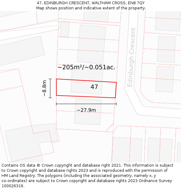 47, EDINBURGH CRESCENT, WALTHAM CROSS, EN8 7QY: Plot and title map