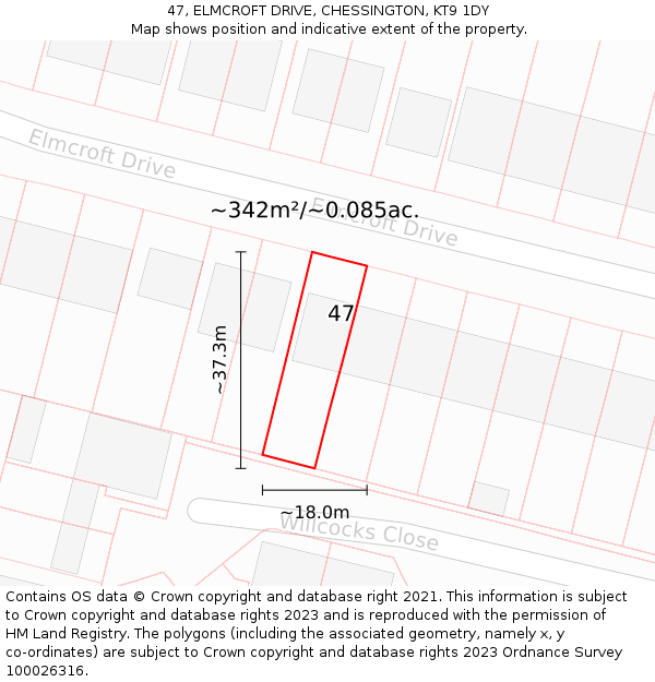 47, ELMCROFT DRIVE, CHESSINGTON, KT9 1DY: Plot and title map