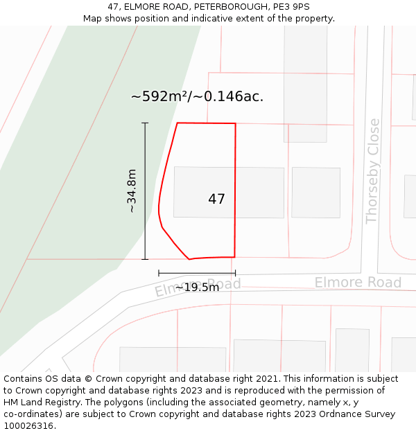 47, ELMORE ROAD, PETERBOROUGH, PE3 9PS: Plot and title map