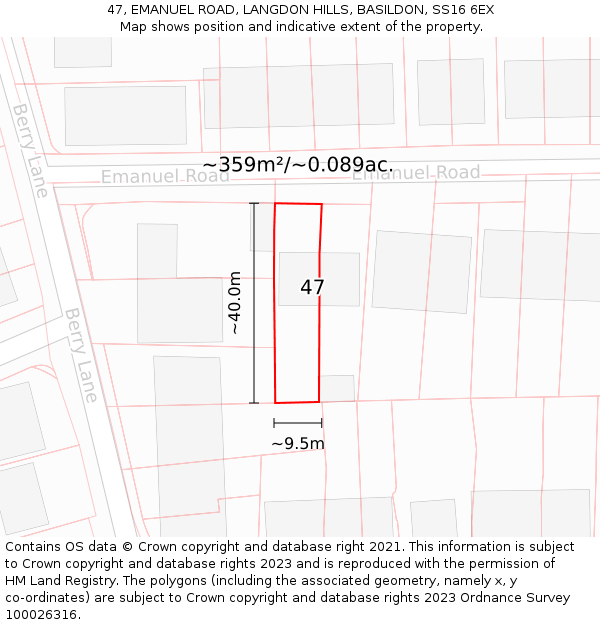 47, EMANUEL ROAD, LANGDON HILLS, BASILDON, SS16 6EX: Plot and title map