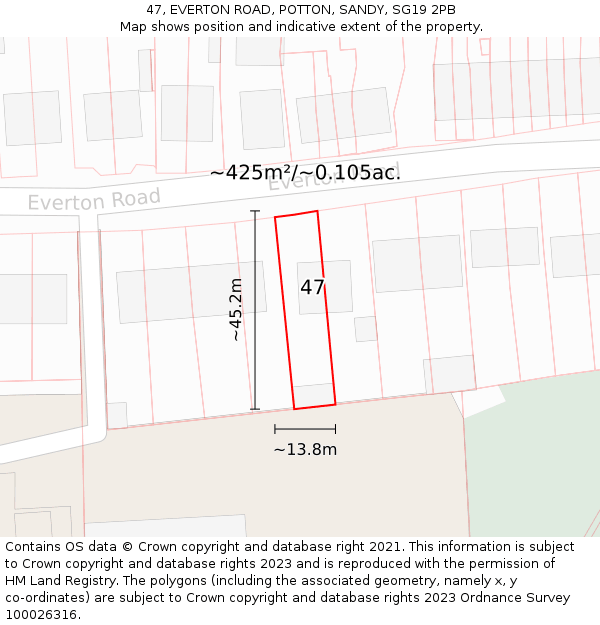47, EVERTON ROAD, POTTON, SANDY, SG19 2PB: Plot and title map