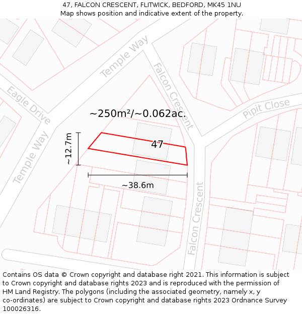 47, FALCON CRESCENT, FLITWICK, BEDFORD, MK45 1NU: Plot and title map