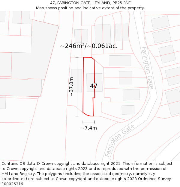 47, FARINGTON GATE, LEYLAND, PR25 3NF: Plot and title map