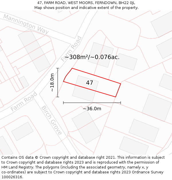 47, FARM ROAD, WEST MOORS, FERNDOWN, BH22 0JL: Plot and title map