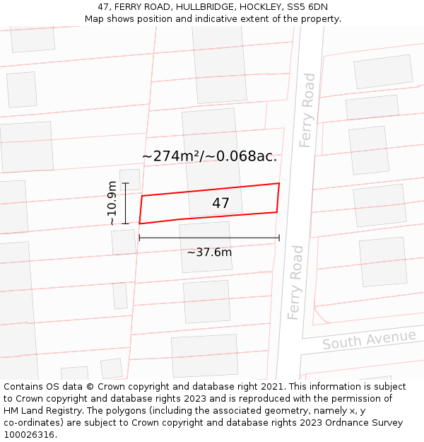 47, FERRY ROAD, HULLBRIDGE, HOCKLEY, SS5 6DN: Plot and title map