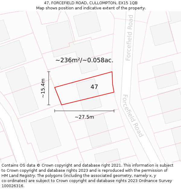 47, FORCEFIELD ROAD, CULLOMPTON, EX15 1QB: Plot and title map