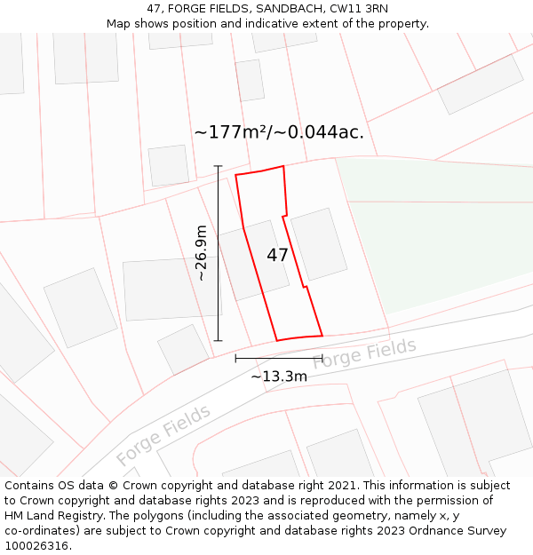 47, FORGE FIELDS, SANDBACH, CW11 3RN: Plot and title map