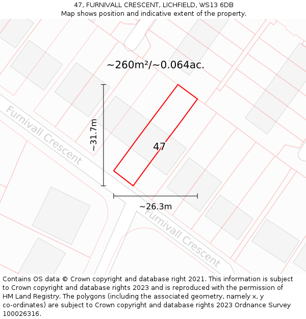 47, FURNIVALL CRESCENT, LICHFIELD, WS13 6DB: Plot and title map