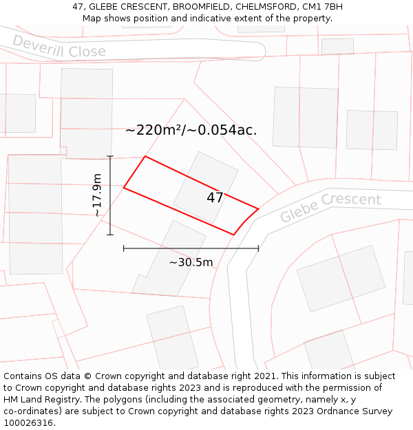 47, GLEBE CRESCENT, BROOMFIELD, CHELMSFORD, CM1 7BH: Plot and title map