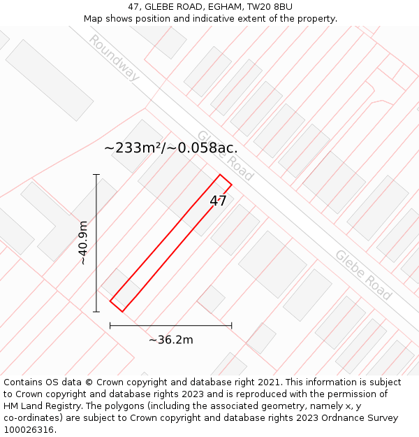 47, GLEBE ROAD, EGHAM, TW20 8BU: Plot and title map