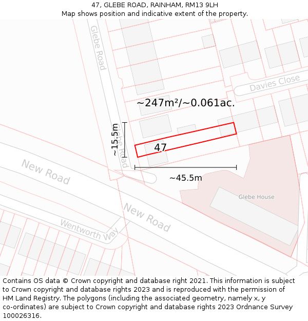 47, GLEBE ROAD, RAINHAM, RM13 9LH: Plot and title map