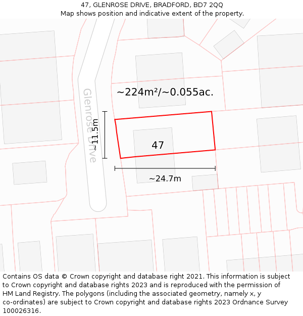 47, GLENROSE DRIVE, BRADFORD, BD7 2QQ: Plot and title map