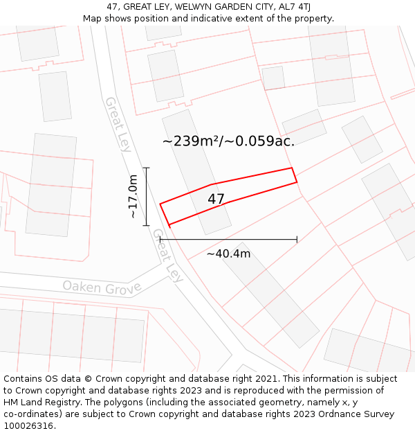 47, GREAT LEY, WELWYN GARDEN CITY, AL7 4TJ: Plot and title map