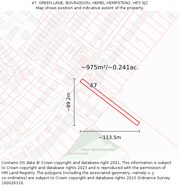 47, GREEN LANE, BOVINGDON, HEMEL HEMPSTEAD, HP3 0JZ: Plot and title map