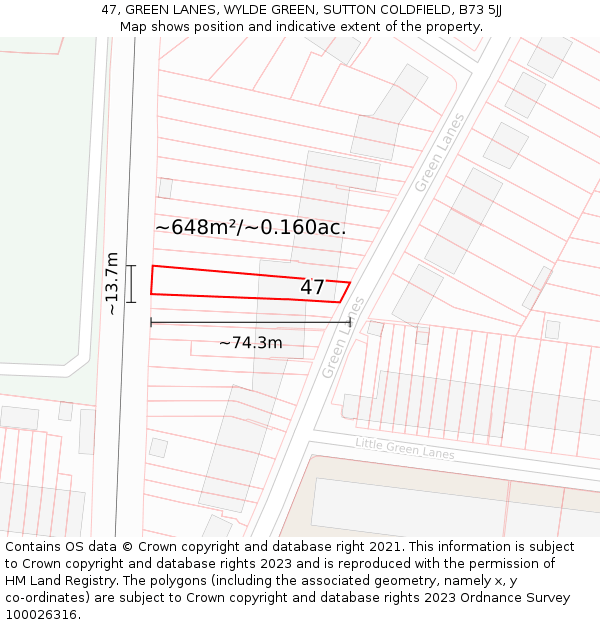 47, GREEN LANES, WYLDE GREEN, SUTTON COLDFIELD, B73 5JJ: Plot and title map