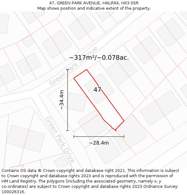 47, GREEN PARK AVENUE, HALIFAX, HX3 0SR: Plot and title map