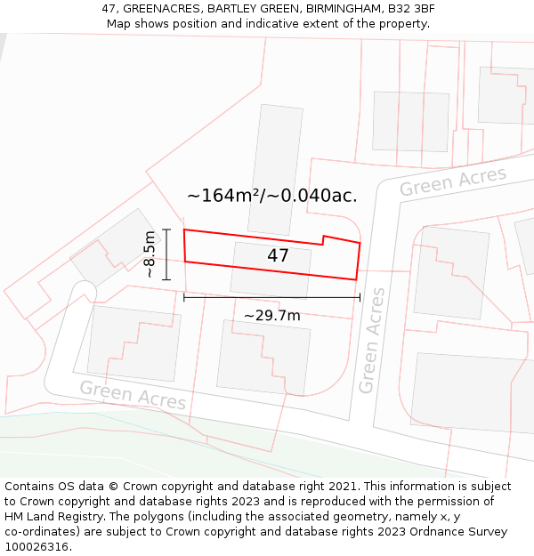 47, GREENACRES, BARTLEY GREEN, BIRMINGHAM, B32 3BF: Plot and title map