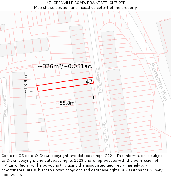 47, GRENVILLE ROAD, BRAINTREE, CM7 2PP: Plot and title map
