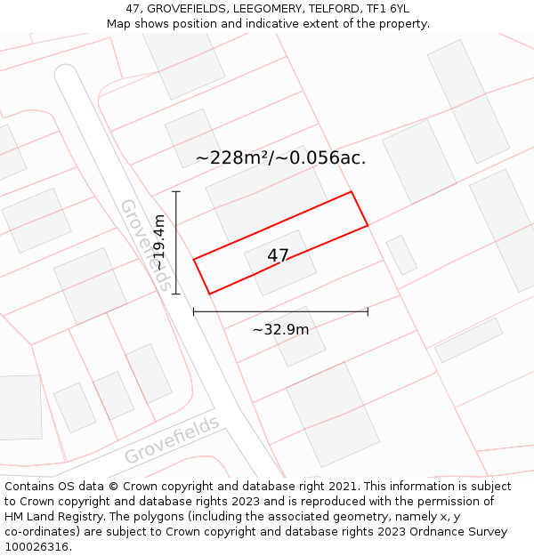 47, GROVEFIELDS, LEEGOMERY, TELFORD, TF1 6YL: Plot and title map