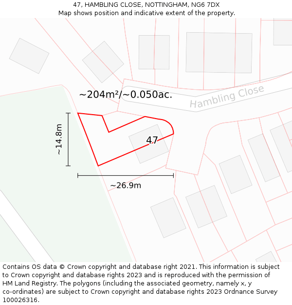 47, HAMBLING CLOSE, NOTTINGHAM, NG6 7DX: Plot and title map