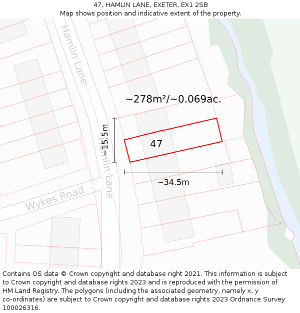47, HAMLIN LANE, EXETER, EX1 2SB: Plot and title map