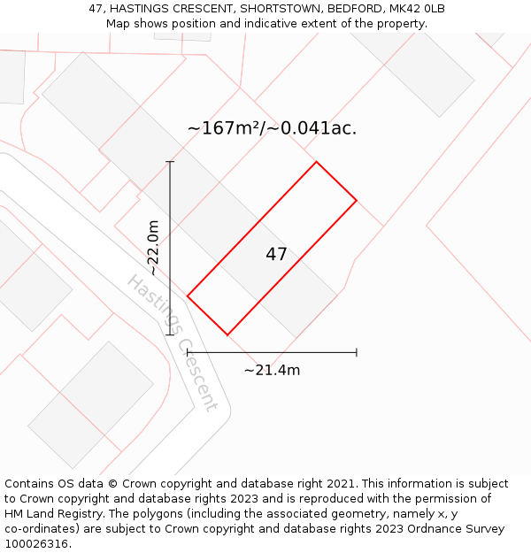 47, HASTINGS CRESCENT, SHORTSTOWN, BEDFORD, MK42 0LB: Plot and title map