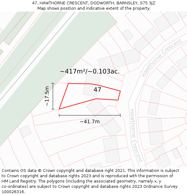47, HAWTHORNE CRESCENT, DODWORTH, BARNSLEY, S75 3JZ: Plot and title map
