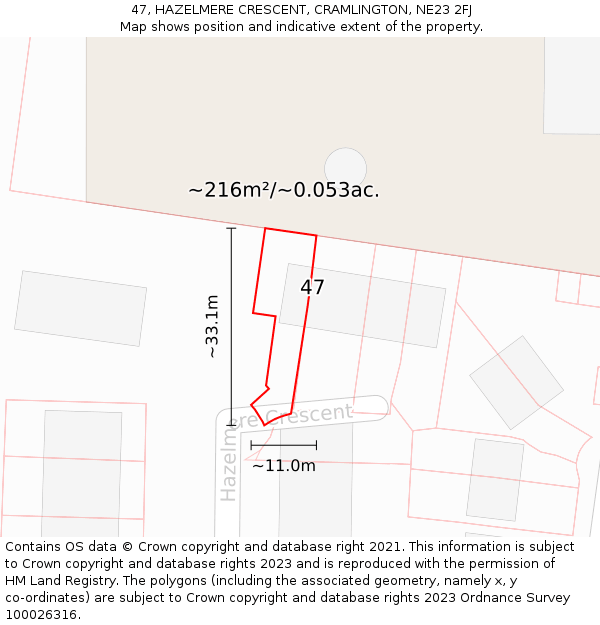 47, HAZELMERE CRESCENT, CRAMLINGTON, NE23 2FJ: Plot and title map