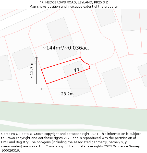 47, HEDGEROWS ROAD, LEYLAND, PR25 3JZ: Plot and title map