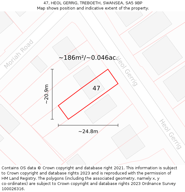 47, HEOL GERRIG, TREBOETH, SWANSEA, SA5 9BP: Plot and title map