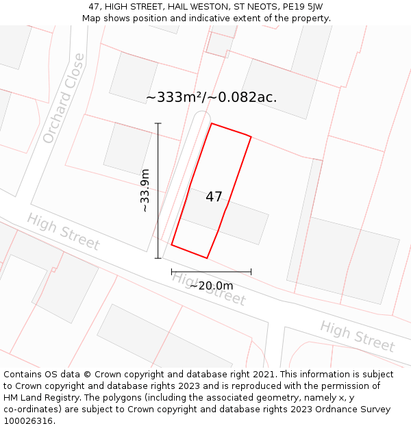 47, HIGH STREET, HAIL WESTON, ST NEOTS, PE19 5JW: Plot and title map