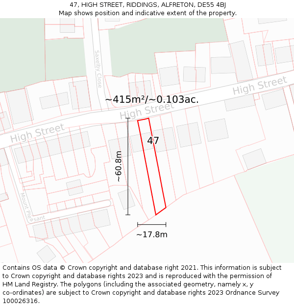 47, HIGH STREET, RIDDINGS, ALFRETON, DE55 4BJ: Plot and title map