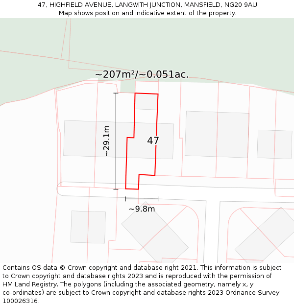 47, HIGHFIELD AVENUE, LANGWITH JUNCTION, MANSFIELD, NG20 9AU: Plot and title map