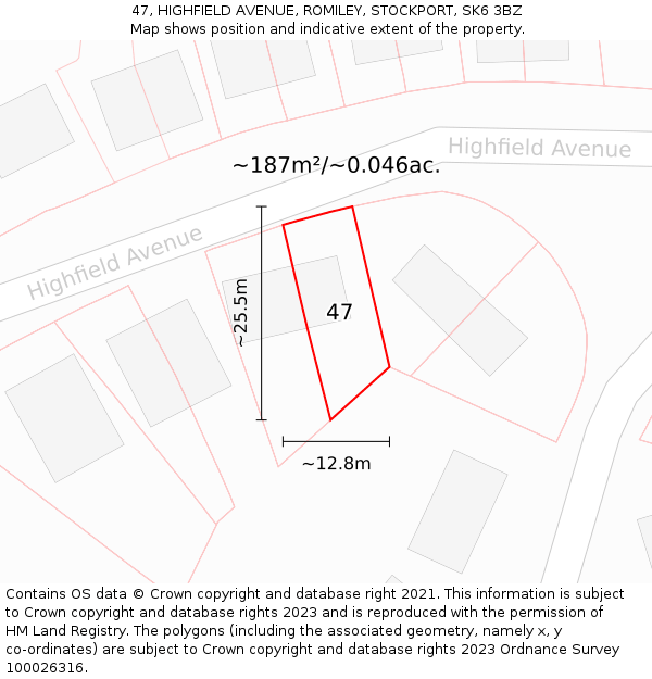 47, HIGHFIELD AVENUE, ROMILEY, STOCKPORT, SK6 3BZ: Plot and title map