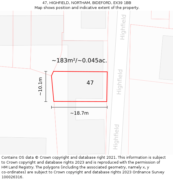 47, HIGHFIELD, NORTHAM, BIDEFORD, EX39 1BB: Plot and title map