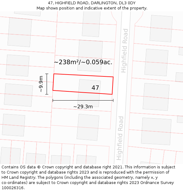 47, HIGHFIELD ROAD, DARLINGTON, DL3 0DY: Plot and title map