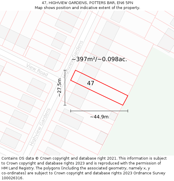 47, HIGHVIEW GARDENS, POTTERS BAR, EN6 5PN: Plot and title map