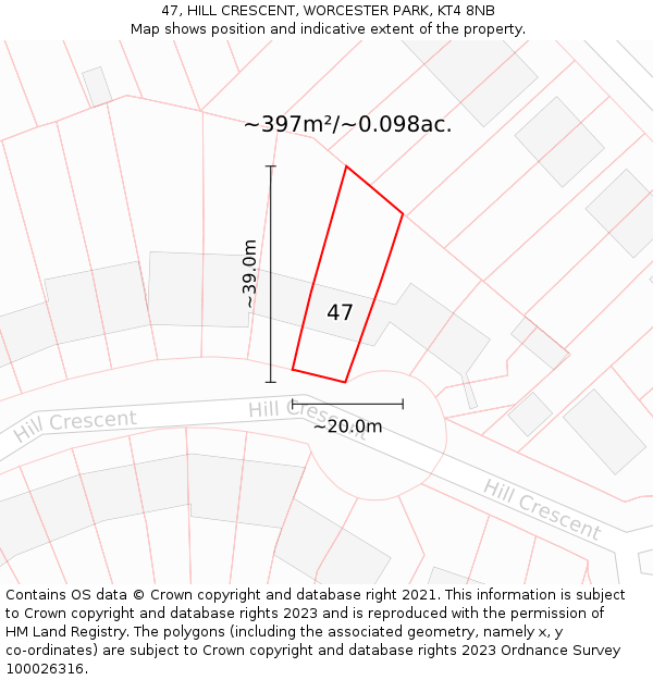 47, HILL CRESCENT, WORCESTER PARK, KT4 8NB: Plot and title map
