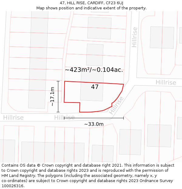 47, HILL RISE, CARDIFF, CF23 6UJ: Plot and title map