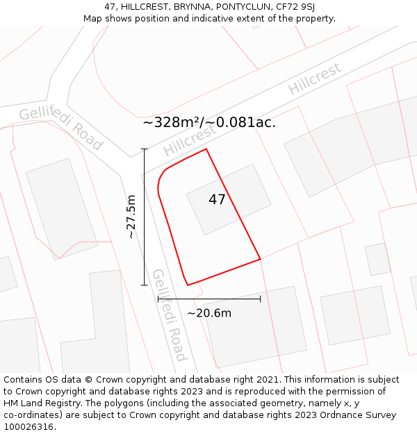 47, HILLCREST, BRYNNA, PONTYCLUN, CF72 9SJ: Plot and title map