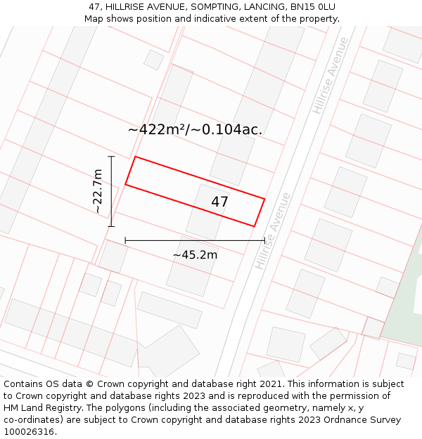 47, HILLRISE AVENUE, SOMPTING, LANCING, BN15 0LU: Plot and title map