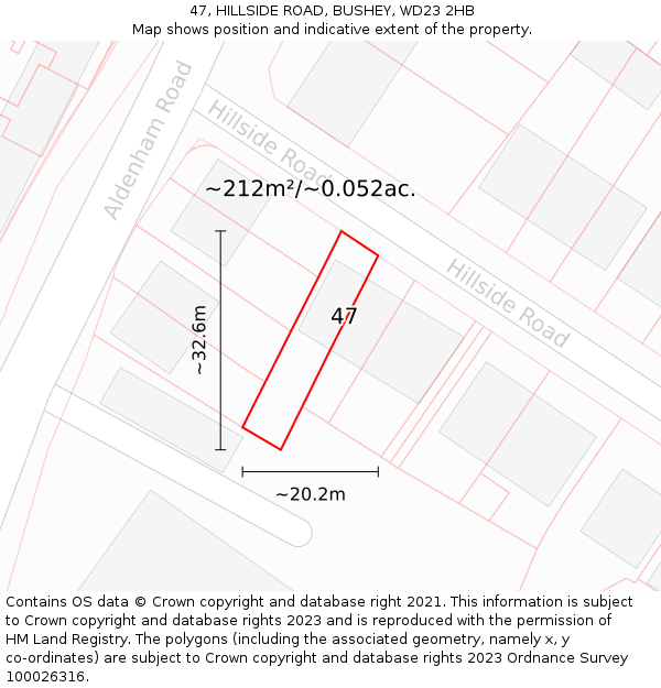 47, HILLSIDE ROAD, BUSHEY, WD23 2HB: Plot and title map