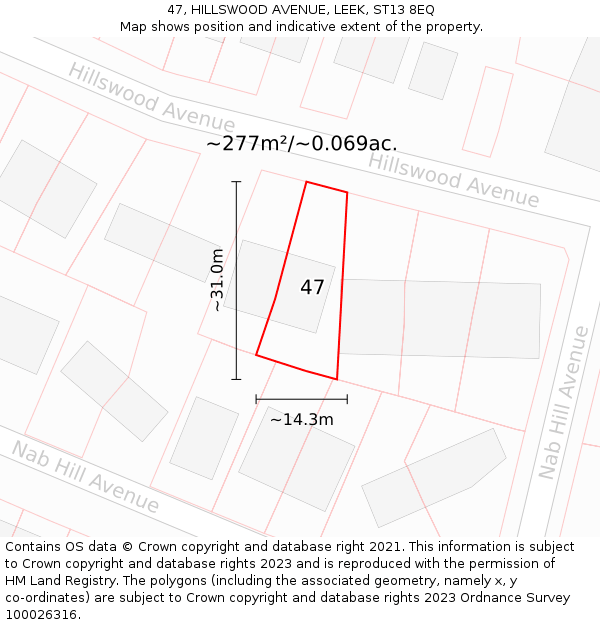 47, HILLSWOOD AVENUE, LEEK, ST13 8EQ: Plot and title map